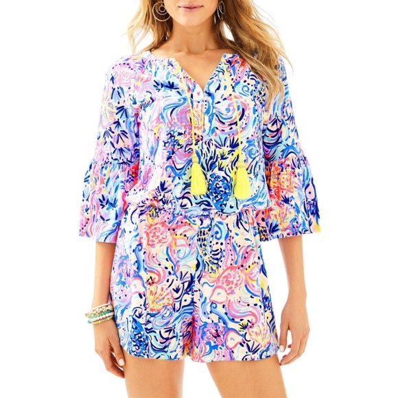 Lilly Pulitzer Bell Sleeve Romper Yellow Tassels Beachy Summer Vacation XXS - Picture 1 of 12